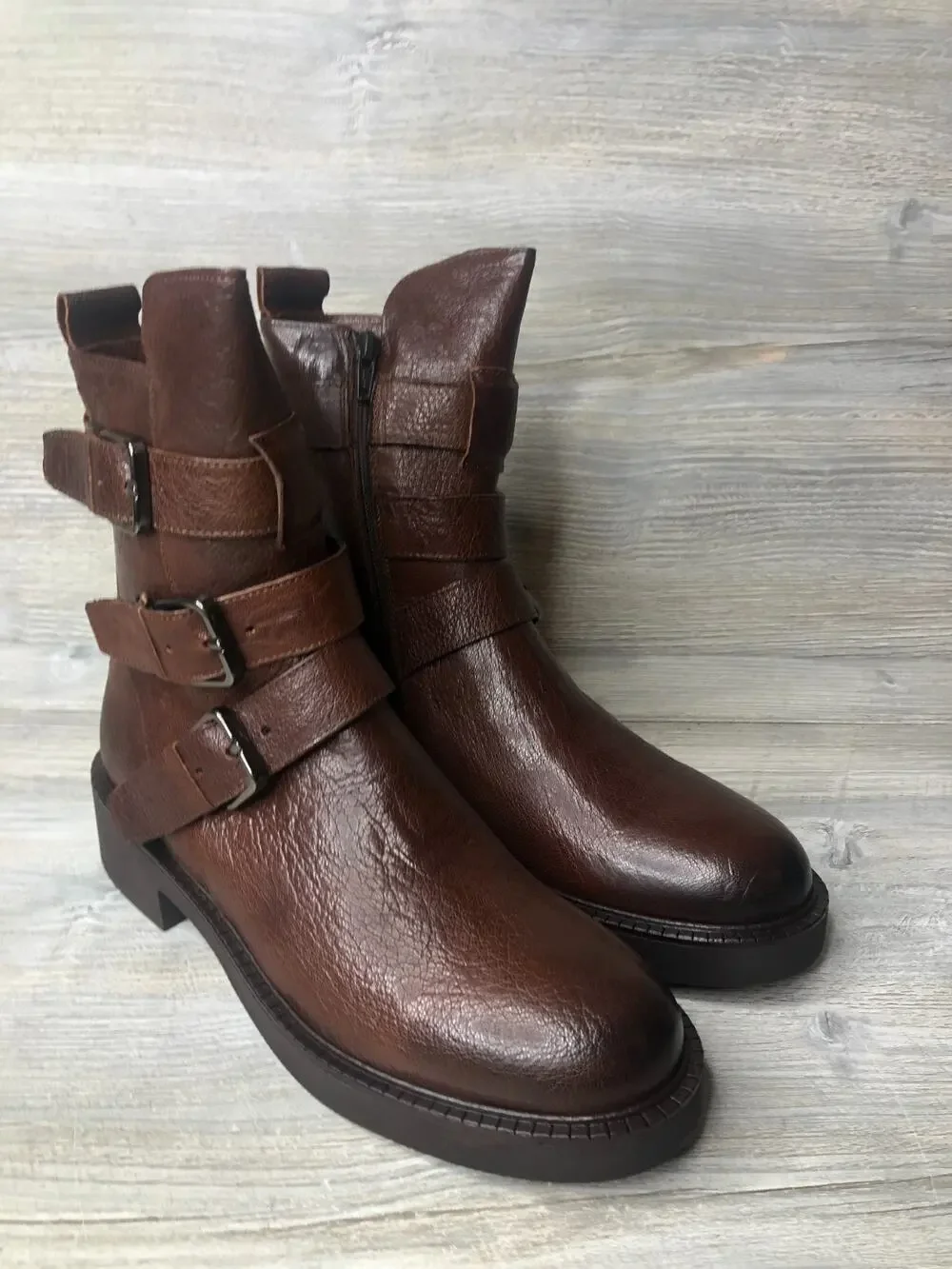 Emanuele Crasto Womens Brown Leather 3 Buckle Italian Moto Biker Boots SZ 39/8.5